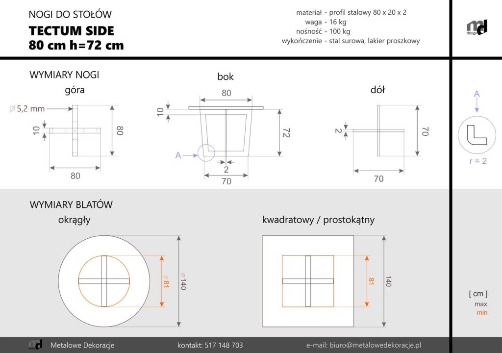 Tischbein Tectum side 80 cm L - Image 4